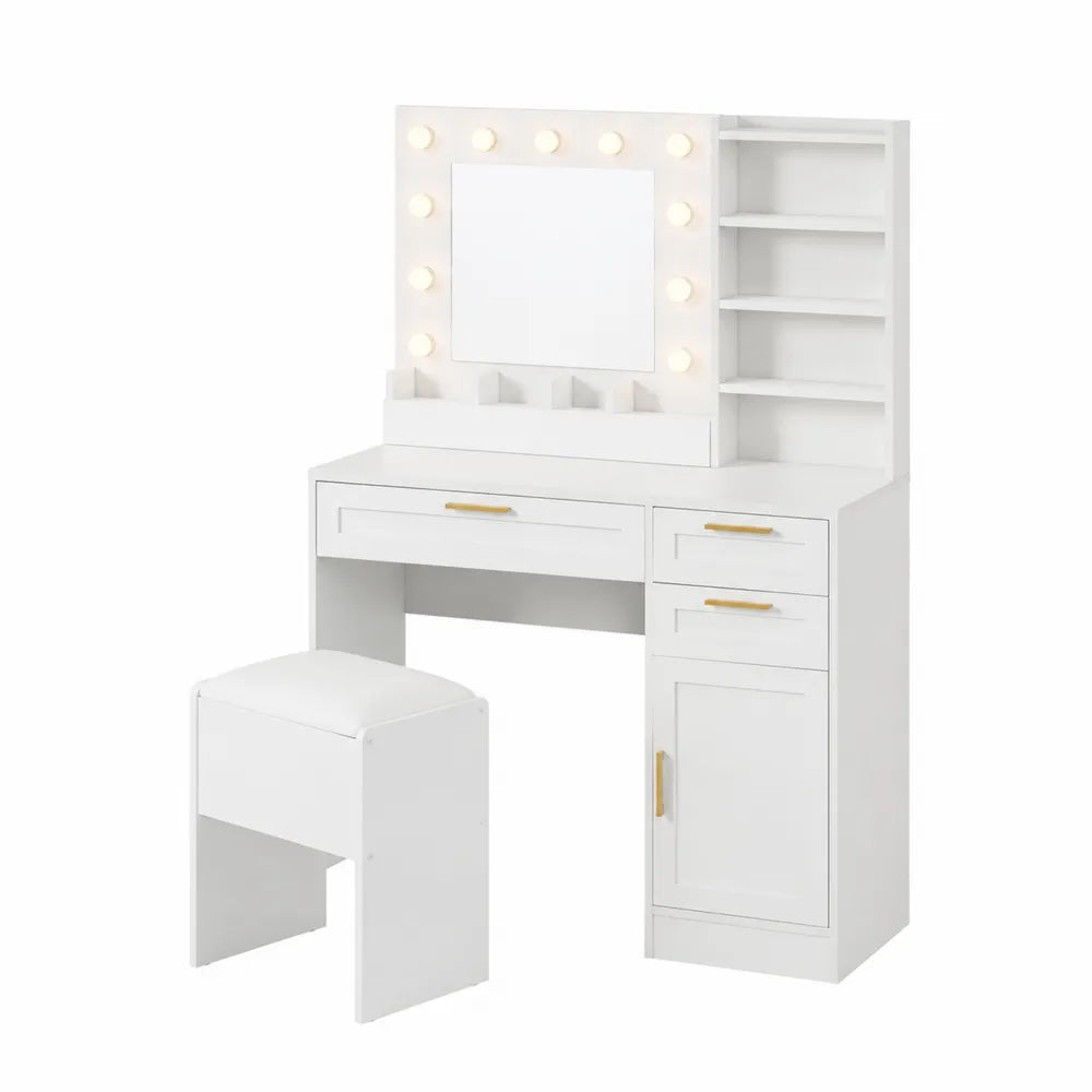 Schminktisch-Set aus Holzwerkstoff mit LED-Spiegel und Hocker,