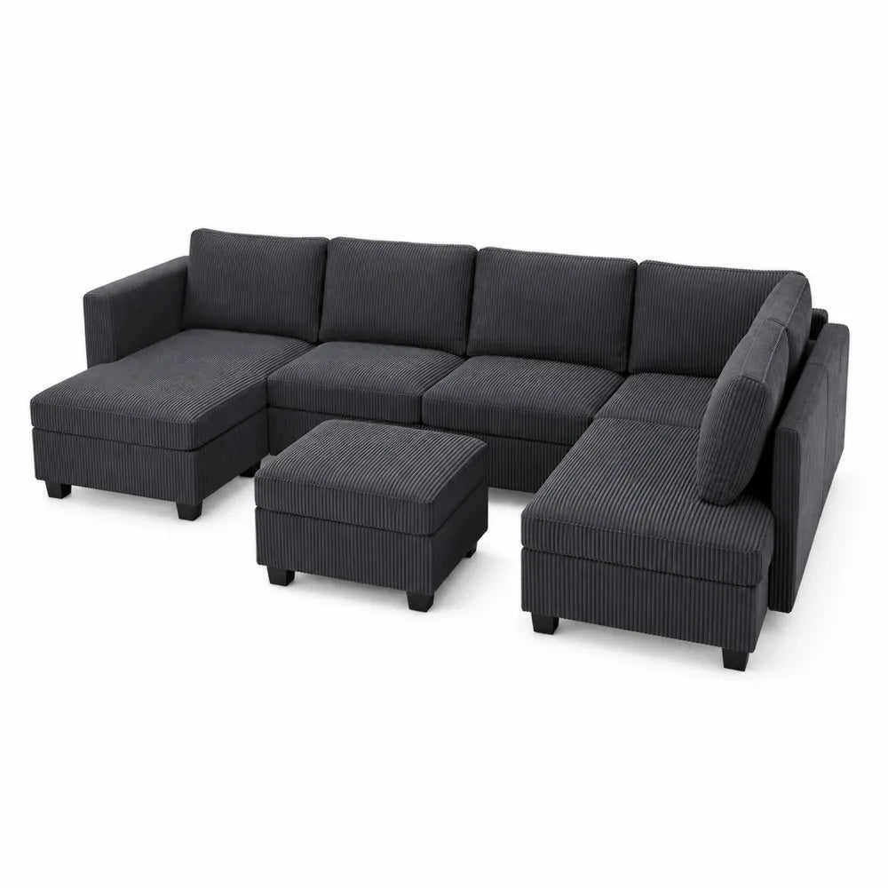 Ecksofa Set aus Cord in Anthrazit mit Ottomane