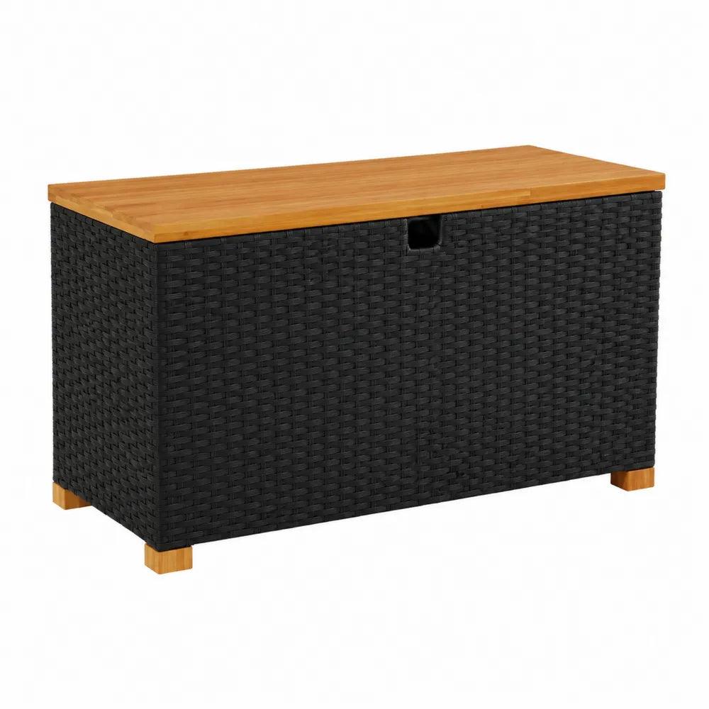 Gartentruhe aus Polyethylen Rattan mit Akazienholz Deckel Schwarz 120x50x60